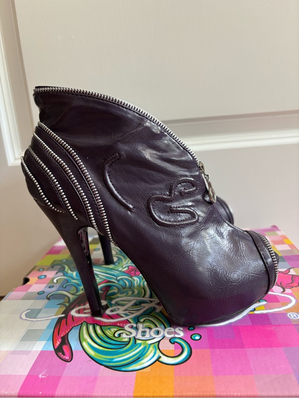 Ed Hardy Mumbai Women's Purple Stiletto  High-Heel Zip Booties Peep Toe Shoes